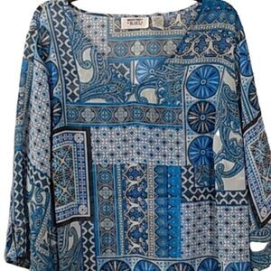 Mainstreet Blues Blue Floral Paisley Sheer Tunic 3/4 Sleeve V-Neck Plus Size 1X